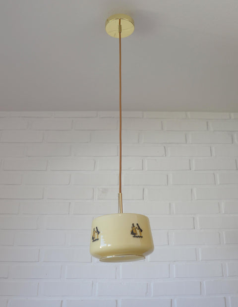1950s Yugoslav Vintage Pendant Light, Caramel Opaline Glass Lamp, Romantic Courting Scene, Restored Mid Century Ceiling Light
