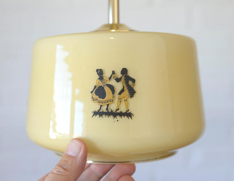 1950s Yugoslav Vintage Pendant Light, Caramel Opaline Glass Lamp, Romantic Courting Scene, Restored Mid Century Ceiling Light