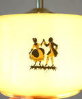 1950s Yugoslav Vintage Pendant Light, Caramel Opaline Glass Lamp, Romantic Courting Scene, Restored Mid Century Ceiling Light