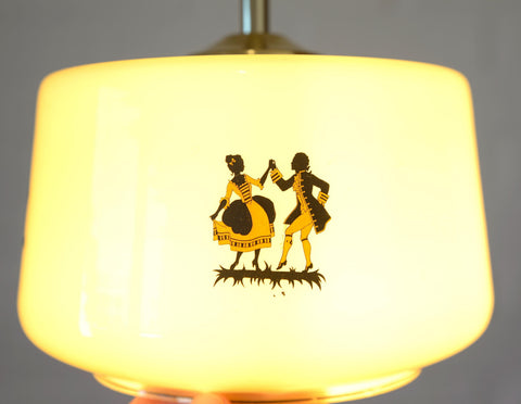 1950s Yugoslav Vintage Pendant Light, Caramel Opaline Glass Lamp, Romantic Courting Scene, Restored Mid Century Ceiling Light