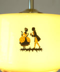 1950s Yugoslav Vintage Pendant Light, Caramel Opaline Glass Lamp, Romantic Courting Scene, Restored Mid Century Ceiling Light