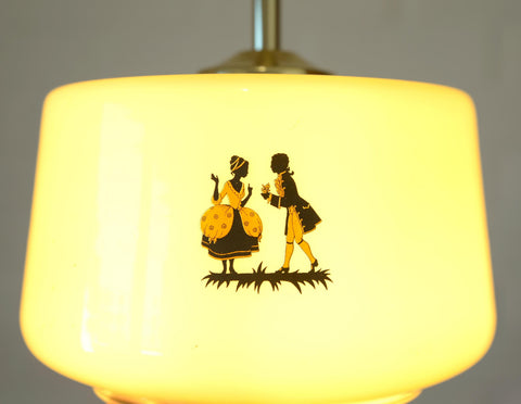 1950s Yugoslav Vintage Pendant Light, Caramel Opaline Glass Lamp, Romantic Courting Scene, Restored Mid Century Ceiling Light