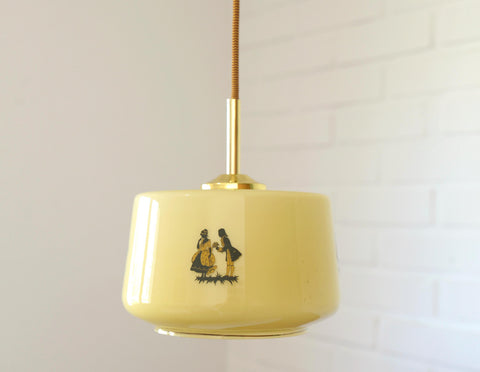 1950s Yugoslav Vintage Pendant Light, Caramel Opaline Glass Lamp, Romantic Courting Scene, Restored Mid Century Ceiling Light