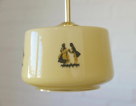 1950s Yugoslav Vintage Pendant Light, Caramel Opaline Glass Lamp, Romantic Courting Scene, Restored Mid Century Ceiling Light