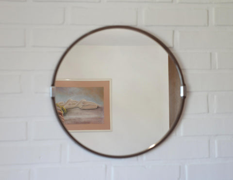 Vintage 1970s Round Wall Mirror / Attributed to Allibert / Smoked Brown Plastic / Space Age Bathroom Mirror