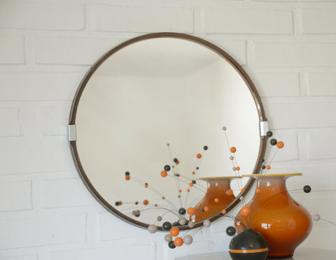 Vintage 1970s Round Wall Mirror / Attributed to Allibert / Smoked Brown Plastic / Space Age Bathroom Mirror