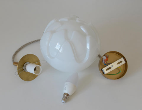 Rare Vintage Artichoke Opaline Glass Pendant Light, 1970s Yugoslavia, Brass MCM Ceiling Lamp, Space Age Hanging Light, Redesign