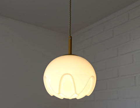 Rare Vintage Artichoke Opaline Glass Pendant Light, 1970s Yugoslavia, Brass MCM Ceiling Lamp, Space Age Hanging Light, Redesign