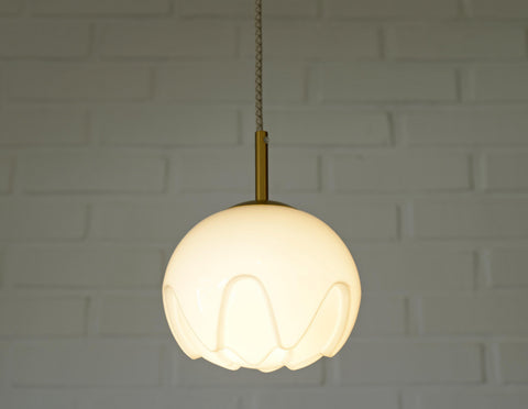 Rare Vintage Artichoke Opaline Glass Pendant Light, 1970s Yugoslavia, Brass MCM Ceiling Lamp, Space Age Hanging Light, Redesign