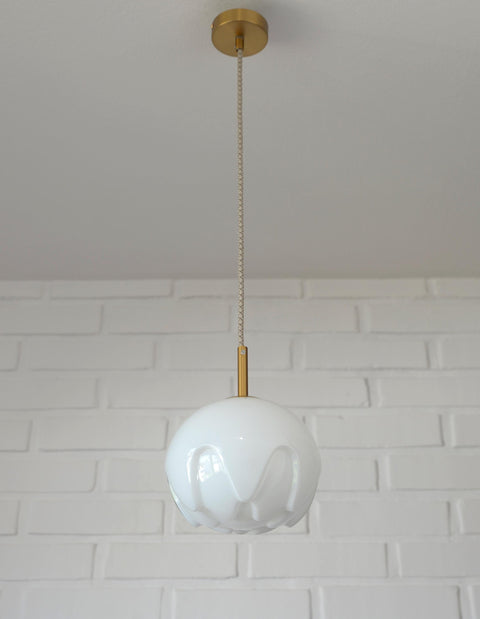 Rare Vintage Artichoke Opaline Glass Pendant Light, 1970s Yugoslavia, Brass MCM Ceiling Lamp, Space Age Hanging Light, Redesign