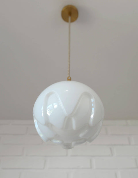 Rare Vintage Artichoke Opaline Glass Pendant Light, 1970s Yugoslavia, Brass MCM Ceiling Lamp, Space Age Hanging Light, Redesign