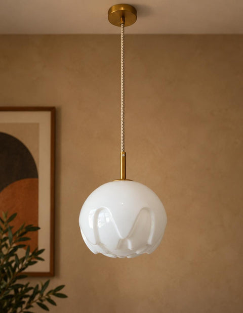 Rare Vintage Artichoke Opaline Glass Pendant Light, 1970s Yugoslavia, Brass MCM Ceiling Lamp, Space Age Hanging Light, Redesign