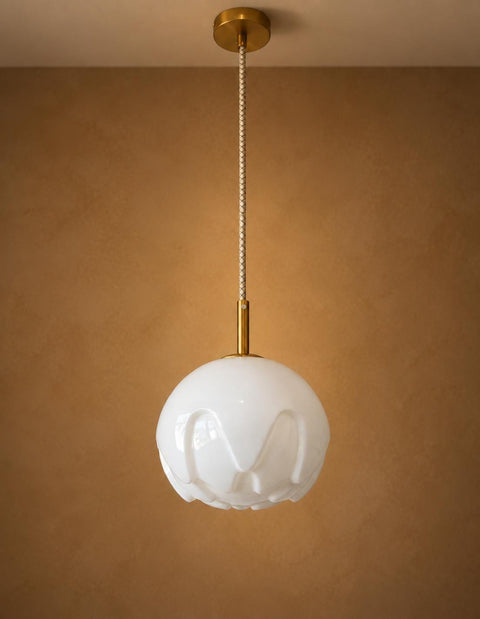 Rare Vintage Artichoke Opaline Glass Pendant Light, 1970s Yugoslavia, Brass MCM Ceiling Lamp, Space Age Hanging Light, Redesign