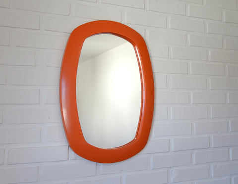 Rare 1970s Orange Space Age Mirror | Large Vintage Pop Art Wall Mirror | Yugoslavian Design | Horizontal or Vertical