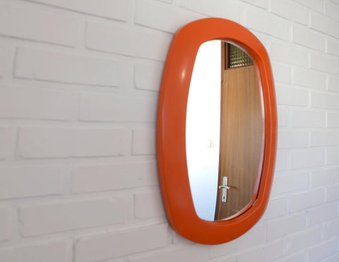 Rare 1970s Orange Space Age Mirror | Large Vintage Pop Art Wall Mirror | Yugoslavian Design | Horizontal or Vertical