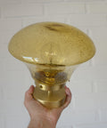 1980s Yugoslav Amber Bubble Glass Ceiling Light, Satin Brass Semi-Flush Mount, Mushroom Lamp