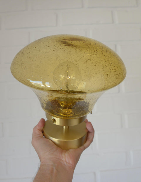1980s Yugoslav Amber Bubble Glass Ceiling Light, Satin Brass Semi-Flush Mount, Mushroom Lamp