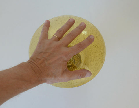 1980s Yugoslav Amber Bubble Glass Ceiling Light, Satin Brass Semi-Flush Mount, Mushroom Lamp