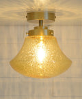 1980s Yugoslav Amber Bubble Glass Ceiling Light, Satin Brass Semi-Flush Mount, Mushroom Lamp