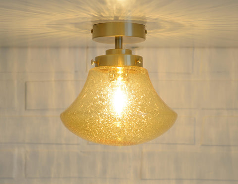 1980s Yugoslav Amber Bubble Glass Ceiling Light, Satin Brass Semi-Flush Mount, Mushroom Lamp