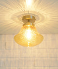1980s Yugoslav Amber Bubble Glass Ceiling Light, Satin Brass Semi-Flush Mount, Mushroom Lamp