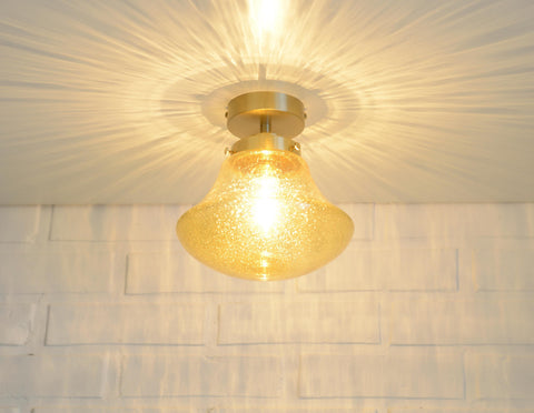 1980s Yugoslav Amber Bubble Glass Ceiling Light, Satin Brass Semi-Flush Mount, Mushroom Lamp