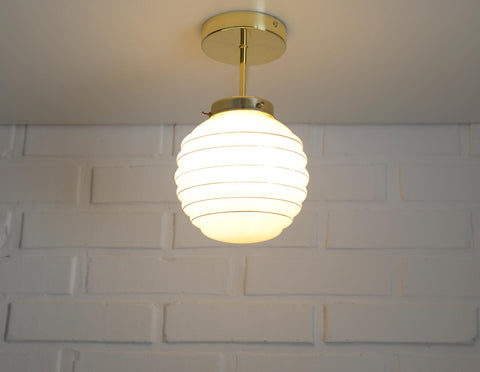 Set of 3 Art Deco Semi Flush Ceiling Lights | 1940s Beige Hand Blown Glass Shades | Gold Detail Kitchen Island Lighting