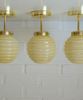 Set of 3 Art Deco Semi Flush Ceiling Lights | 1940s Beige Hand Blown Glass Shades | Gold Detail Kitchen Island Lighting