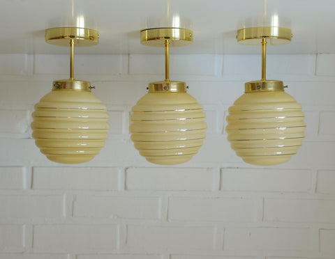 Set of 3 Art Deco Semi Flush Ceiling Lights | 1940s Beige Hand Blown Glass Shades | Gold Detail Kitchen Island Lighting