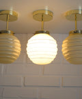 Set of 3 Art Deco Semi Flush Ceiling Lights | 1940s Beige Hand Blown Glass Shades | Gold Detail Kitchen Island Lighting