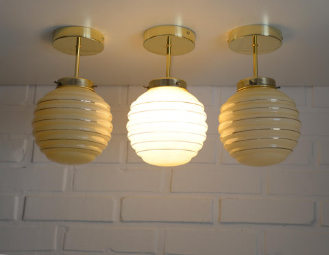 Set of 3 Art Deco Semi Flush Ceiling Lights | 1940s Beige Hand Blown Glass Shades | Gold Detail Kitchen Island Lighting