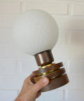 Vintage Yugoslav Table Lamp / 1980s Brutalist Wood and Brass Bedside Light with Hand Blown Frosted Glass Globe