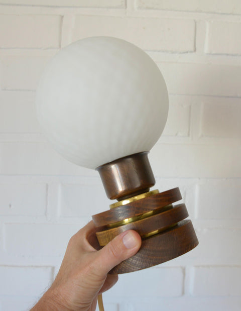 Vintage Yugoslav Table Lamp / 1980s Brutalist Wood and Brass Bedside Light with Hand Blown Frosted Glass Globe