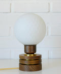 Vintage Yugoslav Table Lamp / 1980s Brutalist Wood and Brass Bedside Light with Hand Blown Frosted Glass Globe
