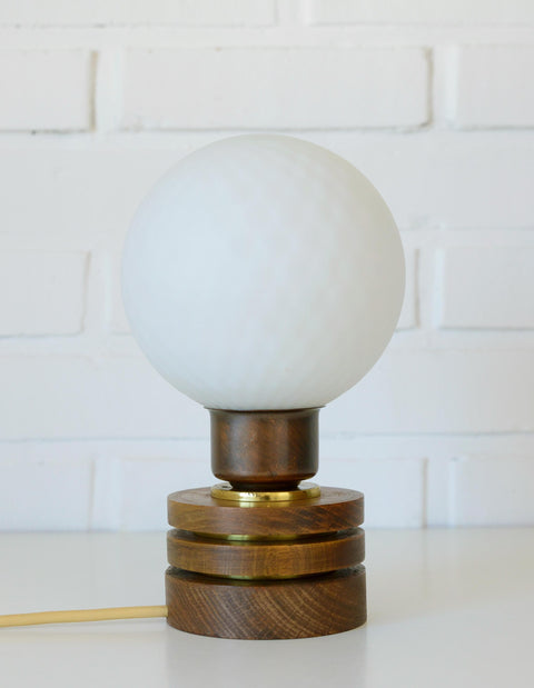 Vintage Yugoslav Table Lamp / 1980s Brutalist Wood and Brass Bedside Light with Hand Blown Frosted Glass Globe