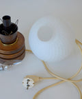 Vintage Yugoslav Table Lamp / 1980s Brutalist Wood and Brass Bedside Light with Hand Blown Frosted Glass Globe