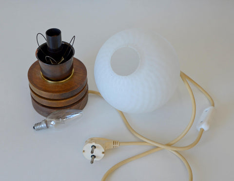 Vintage Yugoslav Table Lamp / 1980s Brutalist Wood and Brass Bedside Light with Hand Blown Frosted Glass Globe
