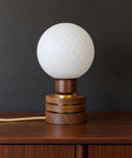 Vintage Yugoslav Table Lamp / 1980s Brutalist Wood and Brass Bedside Light with Hand Blown Frosted Glass Globe