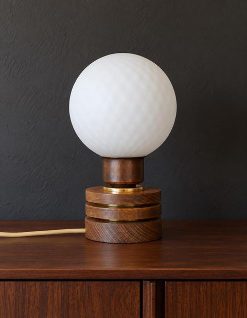 Vintage Yugoslav Table Lamp / 1980s Brutalist Wood and Brass Bedside Light with Hand Blown Frosted Glass Globe