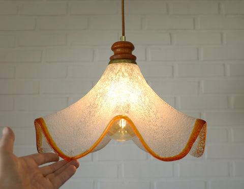Hand Blown Murano Style Pendant Light – Amber Rim, 1970s MCM Design