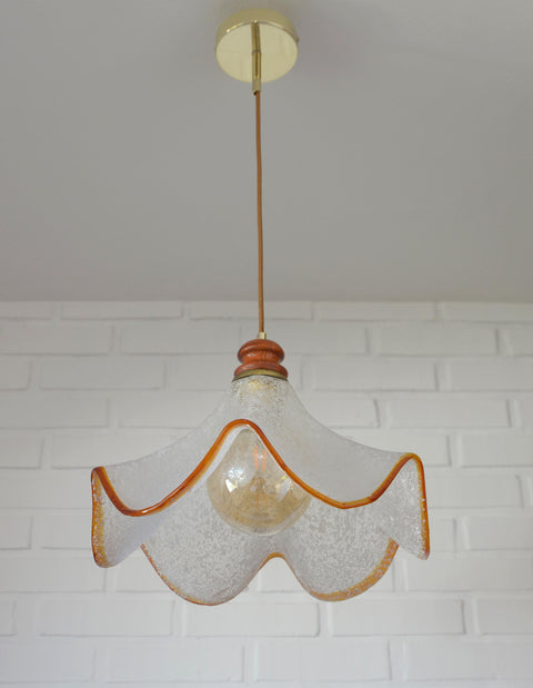 Hand Blown Murano Style Pendant Light – Amber Rim, 1970s MCM Design
