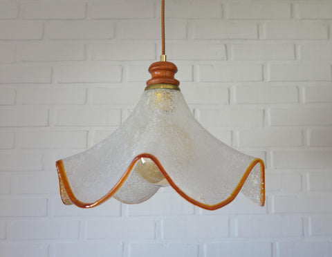 Hand Blown Murano Style Pendant Light – Amber Rim, 1970s MCM Design