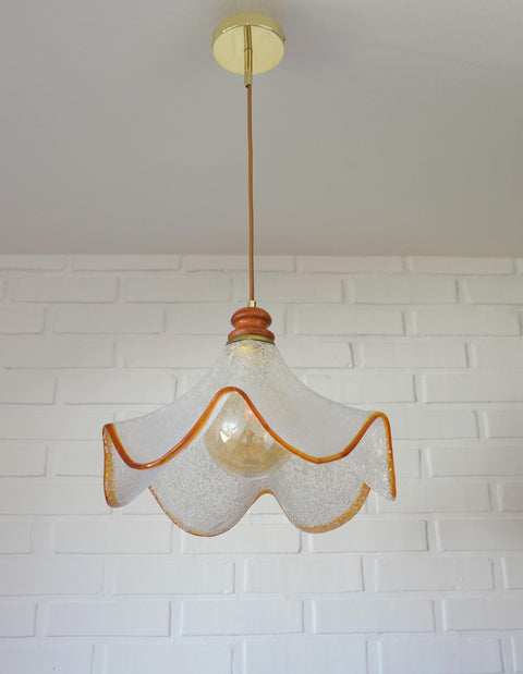Hand Blown Murano Style Pendant Light – Amber Rim, 1970s MCM Design