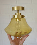 1980s Yugoslav Amber Bubble Glass Ceiling Light, Satin Brass Semi-Flush Mount, Mushroom Lamp