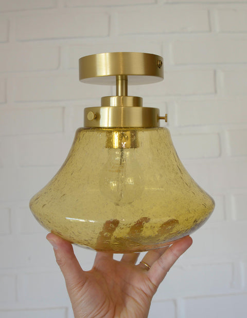 1980s Yugoslav Amber Bubble Glass Ceiling Light, Satin Brass Semi-Flush Mount, Mushroom Lamp