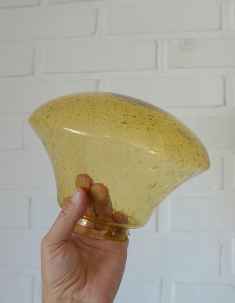 1980s Yugoslav Amber Bubble Glass Ceiling Light, Satin Brass Semi-Flush Mount, Mushroom Lamp