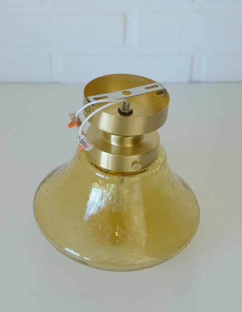 1980s Yugoslav Amber Bubble Glass Ceiling Light, Satin Brass Semi-Flush Mount, Mushroom Lamp