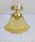 1980s Yugoslav Amber Bubble Glass Ceiling Light, Satin Brass Semi-Flush Mount, Mushroom Lamp