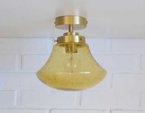 1980s Yugoslav Amber Bubble Glass Ceiling Light, Satin Brass Semi-Flush Mount, Mushroom Lamp