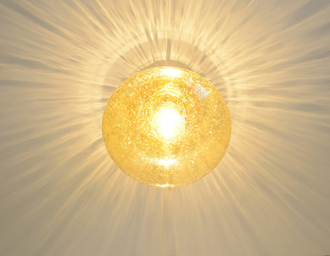1980s Yugoslav Amber Bubble Glass Ceiling Light, Satin Brass Semi-Flush Mount, Mushroom Lamp